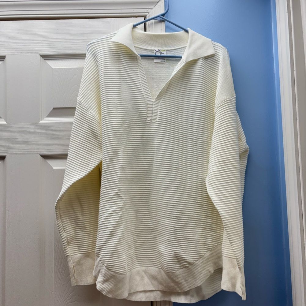 Aerie Cream Ribbed collared Knit pullover loungewear Top